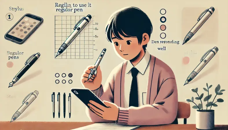 普通のフリクションペンでスマホを操作しようとしてもうまく反応せず、困惑した表情を見せている日本人の人物。テーブルには他の筆記具やペン先の種類を比較するチャートが置かれている室内のイラスト。
