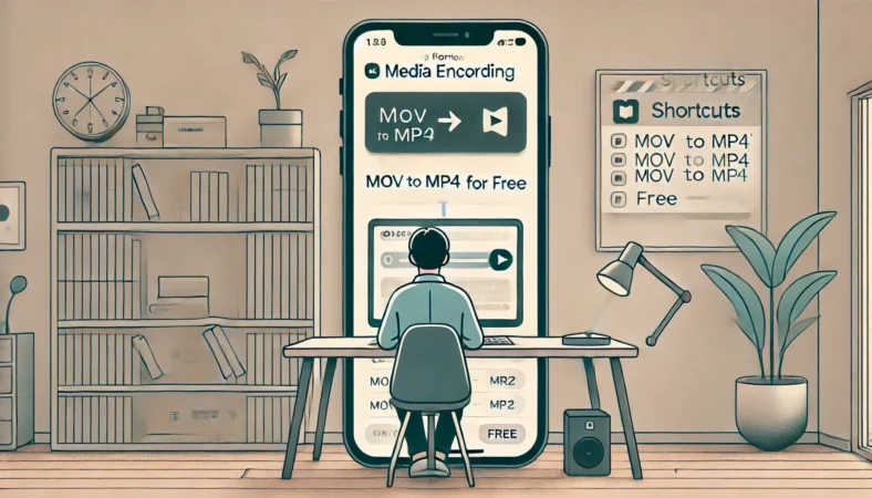 日本人が自宅のホームオフィスで、iPhoneの「ショートカット」アプリを使ってMOV動画をMP4形式に無料変換している様子のイラスト。整頓されたデスクや本棚がある室内で、プライバシー重視かつ実用的な雰囲気が伝わる。