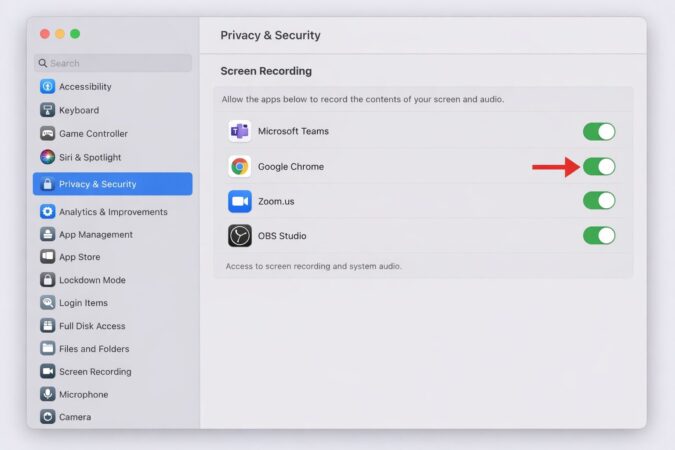 プライバシーとセキュリティ内の「画面収録（画面収録とシステムオーディオ録音）」の場所が分かる
