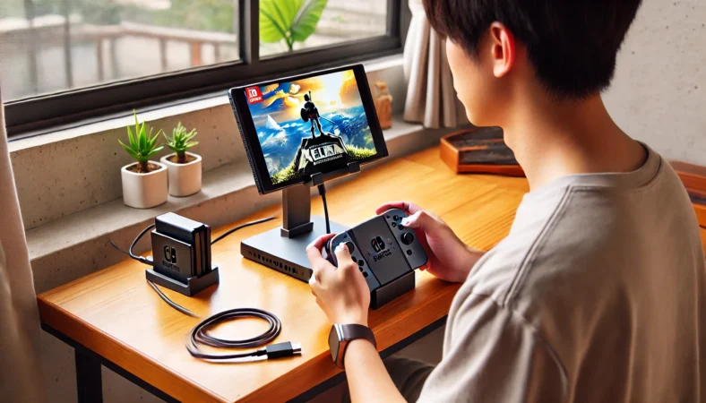 モダンな日本の部屋で、調整可能な充電スタンドにNintendo Switch 2を設置し、快適な姿勢でテーブルモードプレイを楽しむ日本人プレイヤー。L字型USB-Cケーブルと54W電源で安定して充電されており、放熱にも配慮された涼しげな空間。