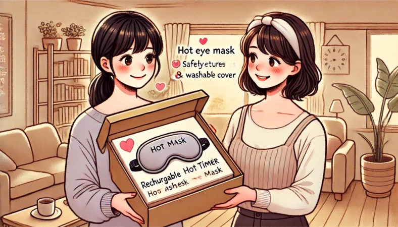 充電式ホットアイマスクをプレゼントとして渡している日本人女性2人のイラスト。受け取った女性は笑顔で興味を示し、ギフトボックスの中には安全機能がタグで示されたマスクが見える。居心地の良いリビングで、温かく親しみやすい雰囲気。