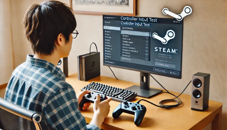 日本人男性がNintendo Switch ProコントローラーをPCに有線接続し、Steamの入力テスト画面で動作確認している様子。現代的な日本の自室での診断シーン。
