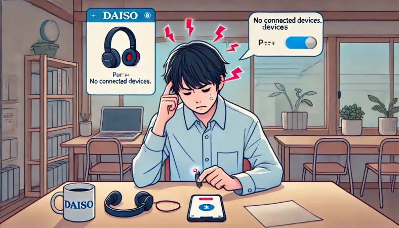 ダイソーのBluetoothヘッドホンのペアリングに苦戦している日本人が、スマートフォンのBluetooth設定画面を見ながら困惑している様子のイラスト。ヘッドホンは赤青に点滅し、接続トラブルの状況が分かる描写。