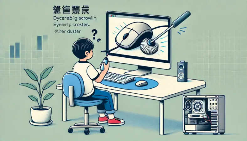 マウスのスクロールホイールをエアダスターで掃除する日本人ユーザーのイラスト。机上にはデスクトップPCがあり、ホイール不調の対処中の様子が描かれている