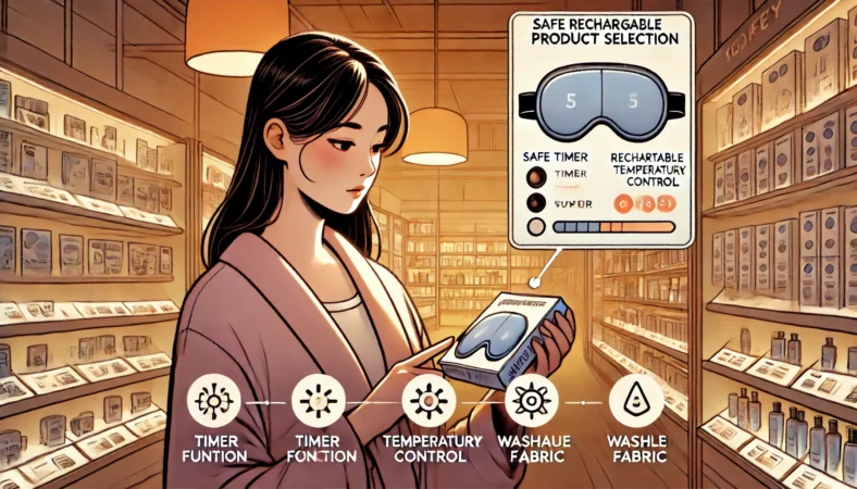 安全機能を確認しながら充電式ホットアイマスクを選ぶ日本人女性のイラスト。パッケージにはタイマー、温度調整、洗える素材のアイコンが表示されており、店内には他の美容・健康グッズも並ぶ。