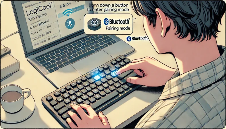 Logicoolキーボードのペアリングモードに入るため、ボタンを長押ししてLED点滅を確認している日本人ユーザーの様子。Bluetooth設定を開いたノートPCとともに、近距離で集中して作業する落ち着いたデスク環境が描かれている。