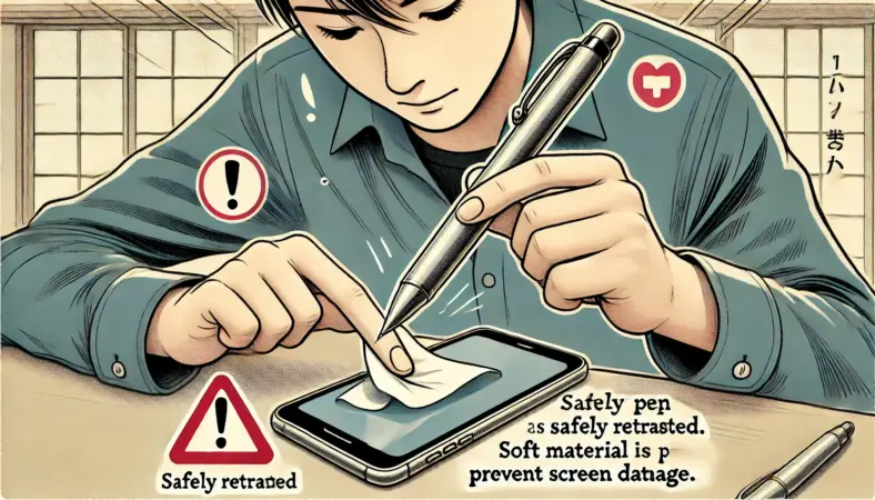スマホ画面を傷つけないように、芯を引っ込めたボールペンの先にティッシュを巻いて代用スタイラスとして使用している日本人の人物。慎重に操作しようとしている様子と、注意深い表情が印象的なイラスト。