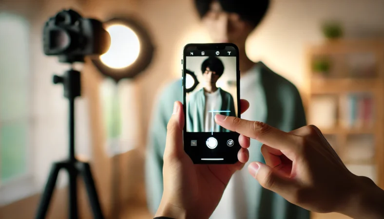 iPhoneでポートレートモードを表示しようとスワイプ操作をしている日本人ユーザーと、背景がぼかされた撮影シーン