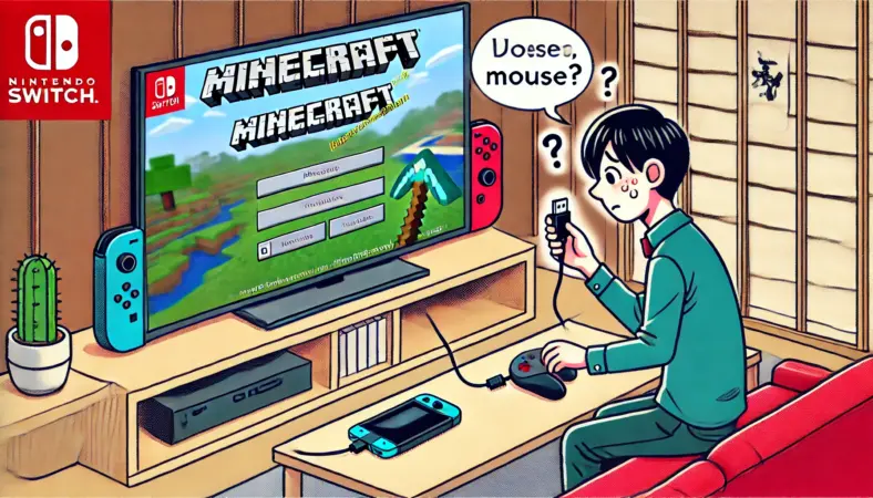 Nintendo SwitchでMinecraftをプレイしようとUSBマウスを接続したものの、操作できず困惑する日本人ユーザーのイラスト。テレビにはマイクラの画面が映っており、マウス操作が無効であることを示す視覚的な演出がされている。