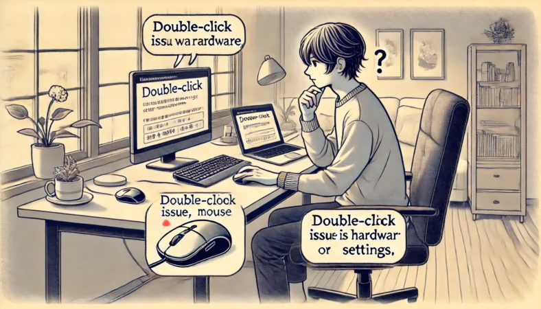 日本人の人物がデスクでマウスの不具合を検証しているイラスト。手元には2つのマウスとノートパソコンがあり、設定やハードの問題を切り分けるための比較を行っている様子。部屋はモダンで整理され、落ち着いた照明が使われている。