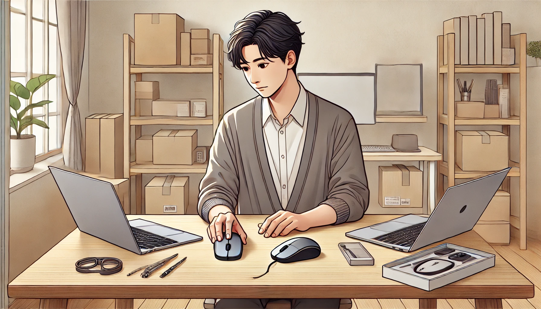 日本人の人物が明るく整ったホームオフィスで、2つのマウスを比較しながら修理か買い替えを検討している様子のイラスト。デスク上にはパソコン、小型の修理用工具、新品マウスのパッケージが並び、冷静かつ丁寧に判断している雰囲気が描かれている。
