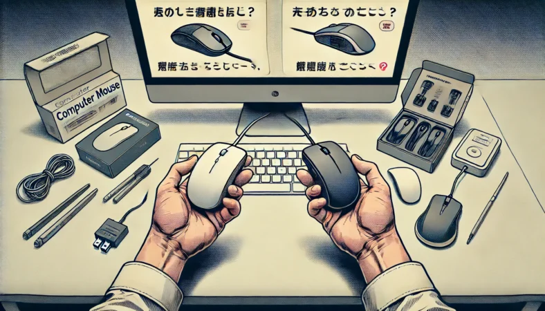 日本人の人物が、両手に異なるマウスを持ち、不具合のあるマウスの修理か買い替えを検討しているイラスト。デスクにはPC、マウスのパッケージ、掃除用の小道具が並び、冷静に比較検討している様子が描かれている。