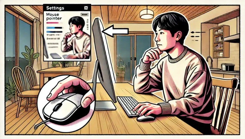 無線マウスの接続を確認しながら原因を切り分けようとしている日本人男性のイラスト。机上にUSBレシーバーや複数のUSB機器が並ぶシーン