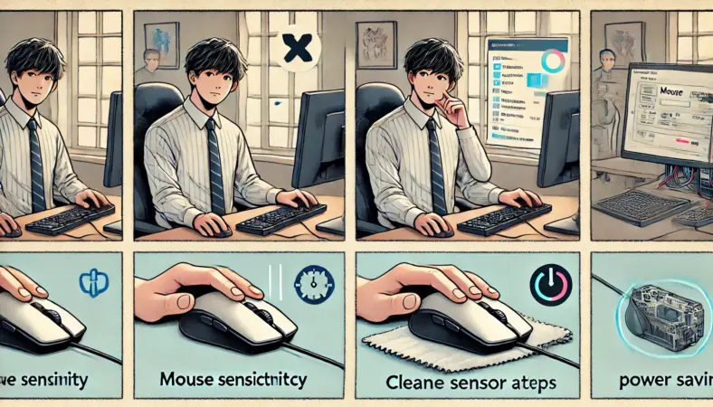 日本人男性がWindowsの設定画面でマウス感度や省電力設定を調整しつつ、マウスのセンサー部分を布で優しく掃除している様子のイラスト