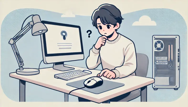 清潔なPCデスクで、日本人のユーザーがマウスの寿命をイメージしながら手に取っている様子のイラスト