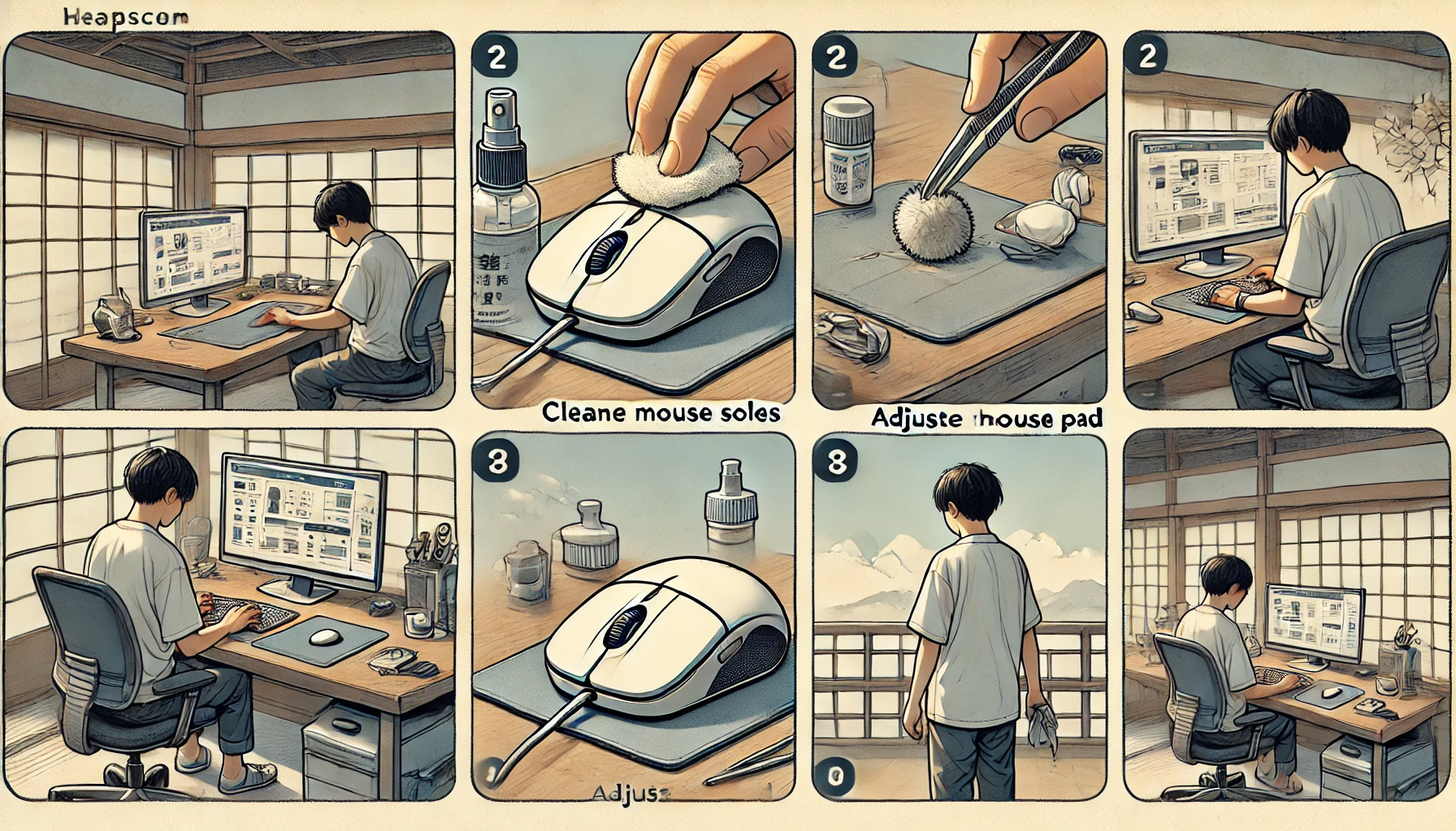 日本人の人物が、マウスの滑りが悪くなった原因を特定するために、机上で順番にマウスの清掃、ソールの点検、マウスパッドの調整、固定を実施している様子を描いたイラスト。整った和モダンなデスク環境も描写されている。