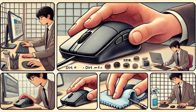 日本人の人物がマウスを裏返し、摩耗や汚れを確認するためにソール部分を丁寧に指でなぞってチェックしている様子と、ソールの汚れや摩耗のクローズアップが描かれたイラスト。