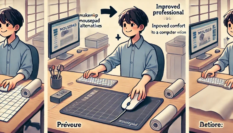 代用品から卒業し、プロ仕様のマウスパッドを導入して快適に作業している日本人のイラスト。デスクは整然としており、操作性と満足感の向上が表現されている。