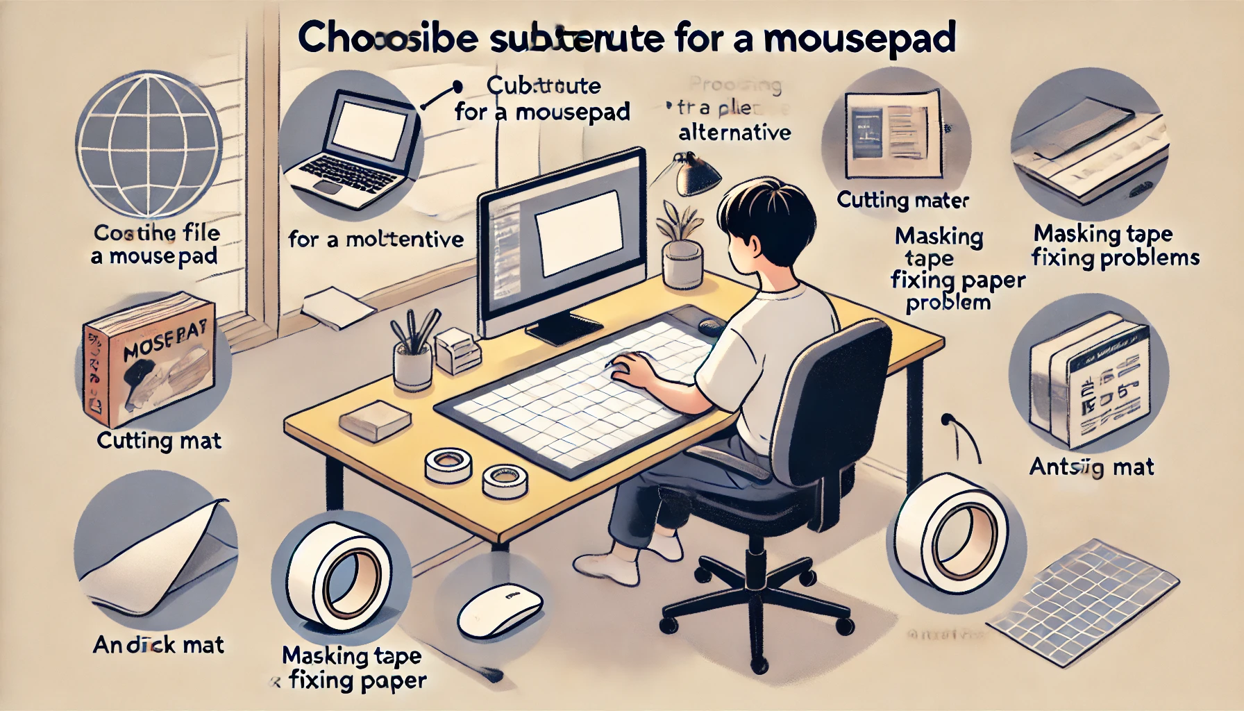 マウスパッドの代用品として、クリアファイルに白い紙を挟んだものやカッターマット、滑り止め付きデスクマットを使っている日本人の作業机のイラスト。快適な作業環境と再発防止の工夫が描かれている。