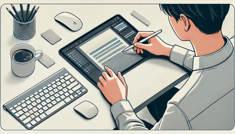 有線キーボードで入力しつつ、iPadの画面を直接タッチして細かい操作を行っている日本人ユーザーのイラスト。マウスは使用されておらず、タッチ操作で補っているハイブリッドな作業スタイルが描かれている。