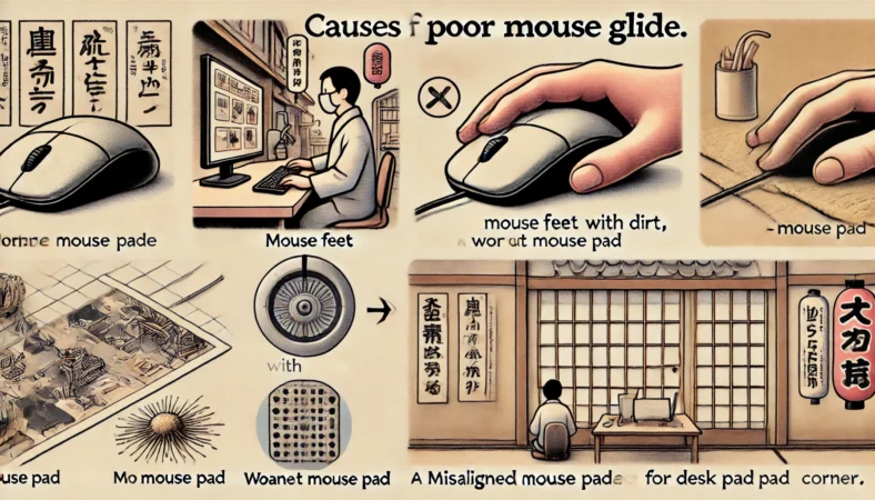 日本人の人物がマウスをさまざまな机上環境でテストしながら、滑りが悪くなる原因（ソールの汚れ、摩耗したパッド、ずれたマウスパッドの角など）を確認している様子を描いたイラスト。
