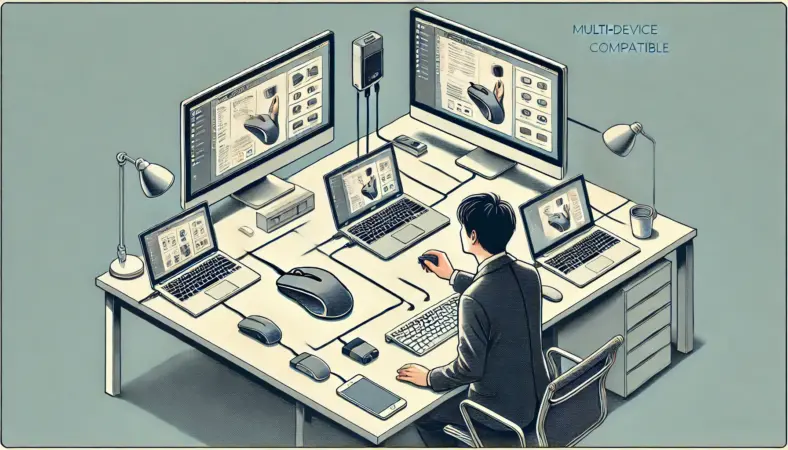 日本人男性が清潔なデスクで、マルチデバイス対応のマウスを使って複数の端末（デスクトップPC、ノートPC、タブレット）を操作しているイラスト。各デバイスにUSB、有線、Bluetooth接続が暗示され、快適な操作環境が表現されている。