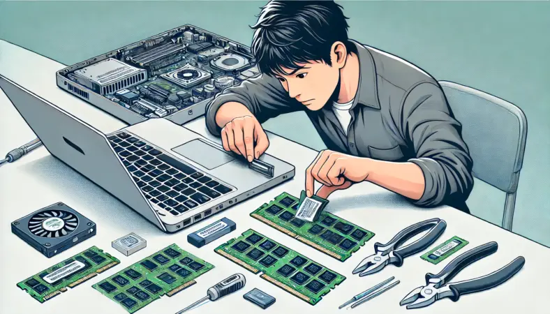 ノートパソコンのメモリをSODIMMモジュールで増設する日本人男性のイラスト。机上には工具と開いたノートパソコンがあり、慎重な作業風景が描かれている。