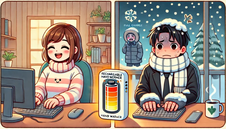 充電式カイロの利点と欠点を比較するイラスト。左側には室内で快適に使用している日本人女性、右側には屋外で不満そうにしている日本人男性が描かれている。背景が暖かい室内と寒い雪景色に分かれている構成。