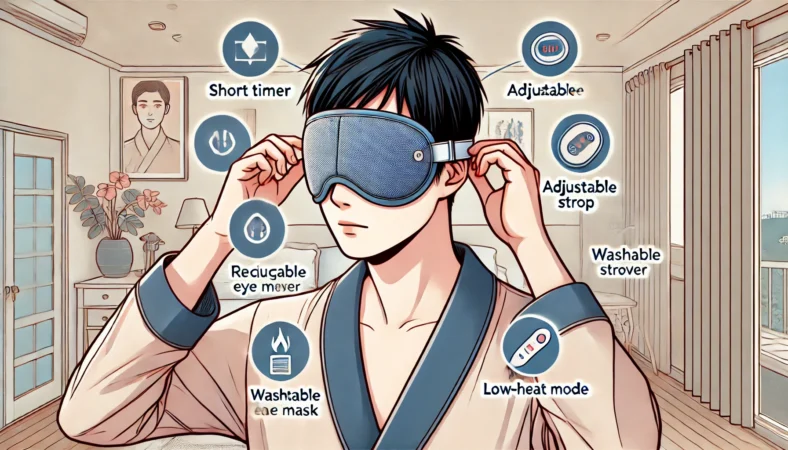 自宅のベッドルームで充電式ホットアイマスクを装着し、ベルトの長さを調整している日本人男性のイラスト。3D構造のマスクが眼球への圧迫を避けており、周囲にはタイマー、温度設定、洗えるカバー、調整可能なストラップなどの安全機能を示すアイコンが描かれている。