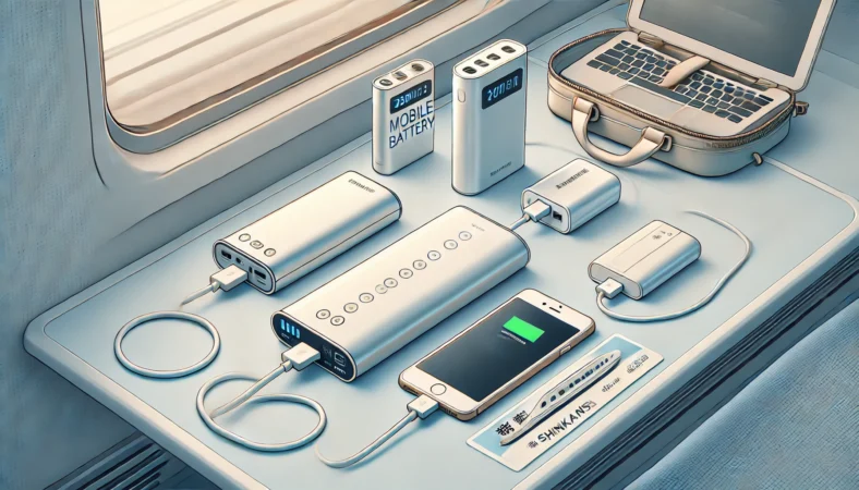 新幹線のテーブル上に、用途別に並べられた3種類のモバイルバッテリー（スマホ用の超小型タイプ、ケーブル内蔵の中型モデル、ノートPC対応の大容量タイプ）が置かれているイラスト。それぞれにスマートフォンやノートPCが接続されており、使用シーンが分かりやすく表現されている。
