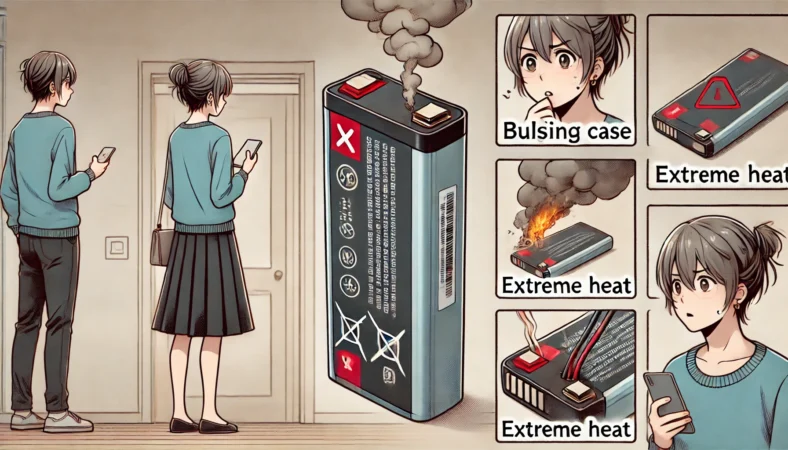 発熱や膨張など異常があるモバイルバッテリーを距離をとって観察する日本人のイラスト