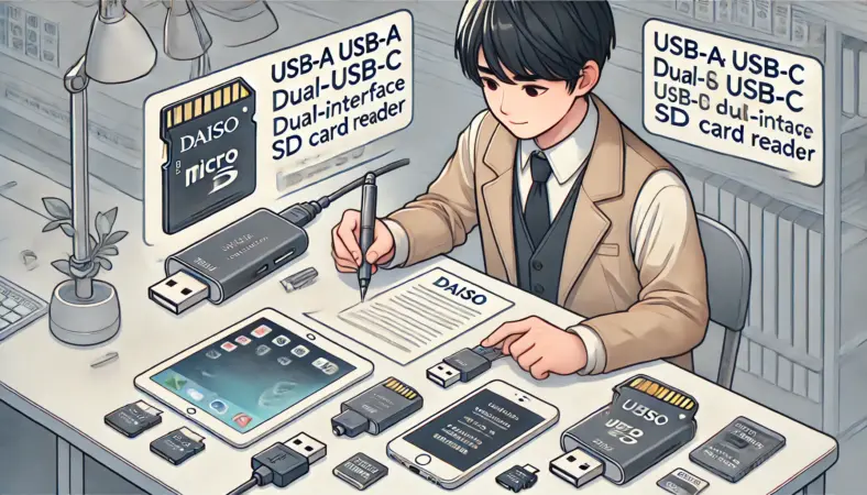 デスク上で、USB-AとUSB-C両対応のSDカードリーダーを使い、iPhoneとタブレットで動作確認をしている日本人の様子。microSDカードや変換アダプタも並び、互換性を丁寧にチェックしているイラスト。