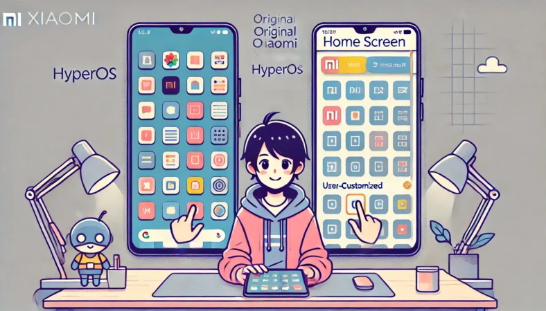 日本人のユーザーがXiaomiスマートフォンのホーム画面をカスタマイズし、ランチャー変更でアイコンやレイアウトを調整している様子のイラスト。デスクの上で快適な環境下で設定している様子が描かれている。