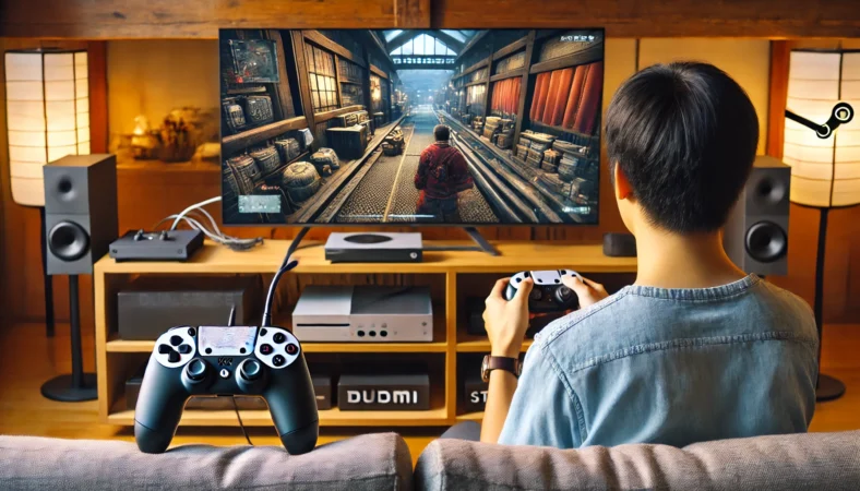 モダンな日本のリビングで、ゲーミングPCがHDMIで大画面テレビに接続され、ソファに座った日本人男性がDualSenseコントローラーでSteamゲームを快適にプレイしている様子。安定したリモートプレイ環境を示す。