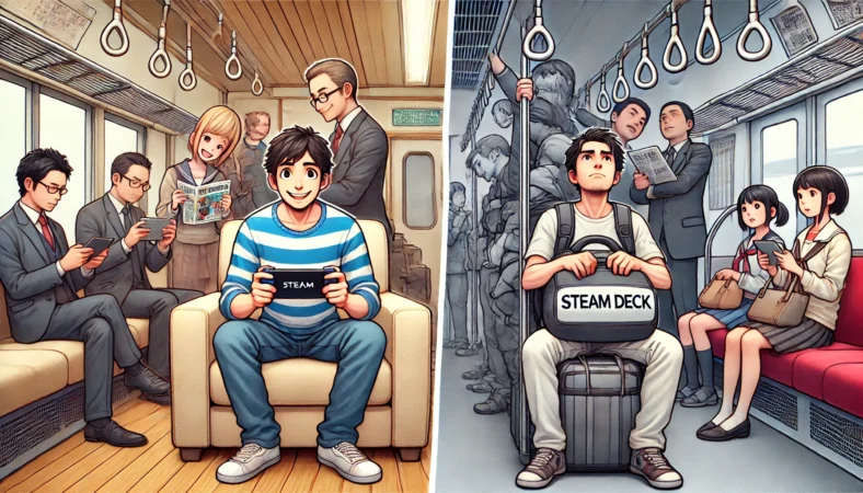 自宅でSteam Deckを快適に使って満足そうな男性と、通勤電車で不満げに使おうとしている男性を対比した構図。使い方の前提による評価のギャップを視覚化。