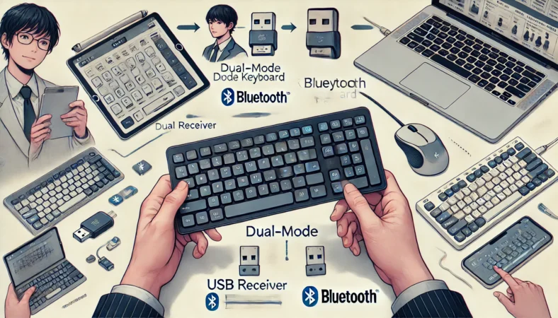 ロジクールのデュアルモード対応キーボードを使い、USBレシーバーとBluetooth接続を切り替えている日本人ユーザーの作業風景。デスクにはPCとタブレットが並び、複数端末間での柔軟な操作性がビジュアルで示されている。