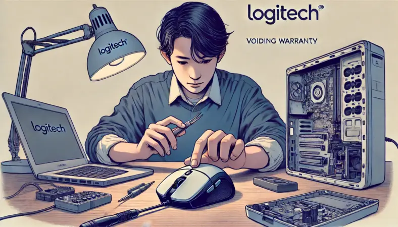 日本人男性がデスクでロジクール製マウスの分解作業を慎重に進めている様子を描いたイラスト。保証に関するリスクを暗示する要素が背景に含まれ、自己責任での修理の雰囲気が伝わる。