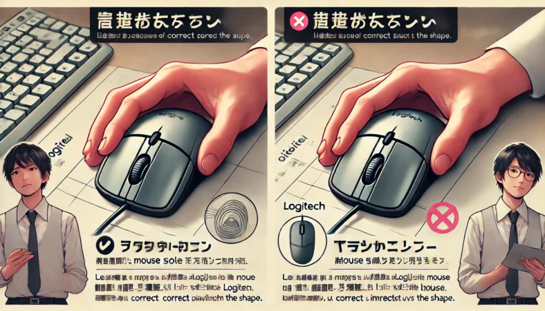 日本人の人物がロジクール製マウスを裏返し、ソールの形状と摩耗状態を丁寧に指で確認している様子。机の上には誤った貼り方と正しい貼り方の比較が並び、正確な貼り位置の重要性を示している。