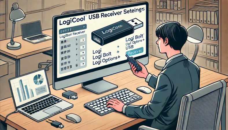 日本人オフィスワーカーがLogicoolのLogi Boltレシーバーを手に持ち、Logi Options+ソフトを操作しながらレシーバー設定を確認している様子。デスクにはノートPC、キーボード、USB機器が整然と並ぶ。