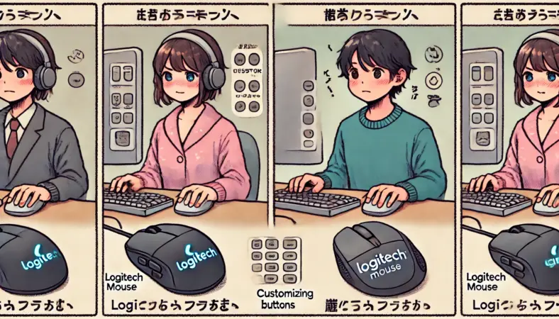 日本人ユーザーが2人並び、1人は多機能マウスを快適にカスタマイズして使用し、もう1人は機能の少ないマウスに不満を抱えている様子を比較的に描いたイラスト。