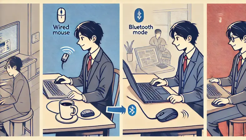 日本人男性が自宅では有線接続のマウスをデスクトップPCで使用し、カフェでは同じマウスをBluetoothでノートPCに接続して使用している様子を対比的に描いたイラスト。