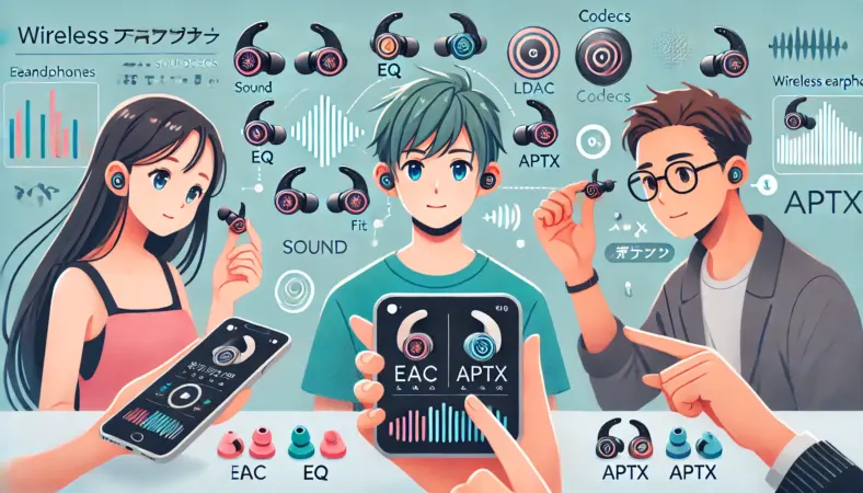 3人の日本人がそれぞれ異なる方法でワイヤレスイヤホンの音質を確認している様子のイラスト。イヤーピースの装着、EQ調整、コーデック設定を試している場面が描かれている。