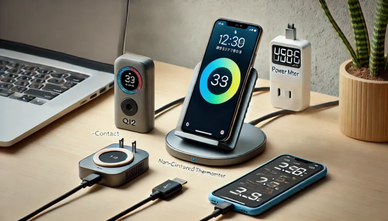 Qi2スタンド型ワイヤレス充電器、非接触温度計、USB-Cメーターが並ぶデスク環境。スマートフォンがスタンドで充電されている様子。
