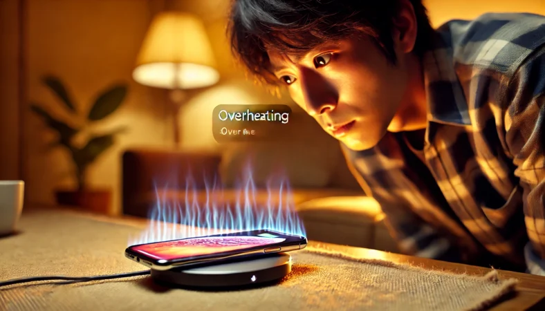 ソファの上でワイヤレス充電中にiPhoneが過熱している様子を心配そうに見つめる日本人男性。熱がこもる典型的な環境と位置ズレの問題を表現。
