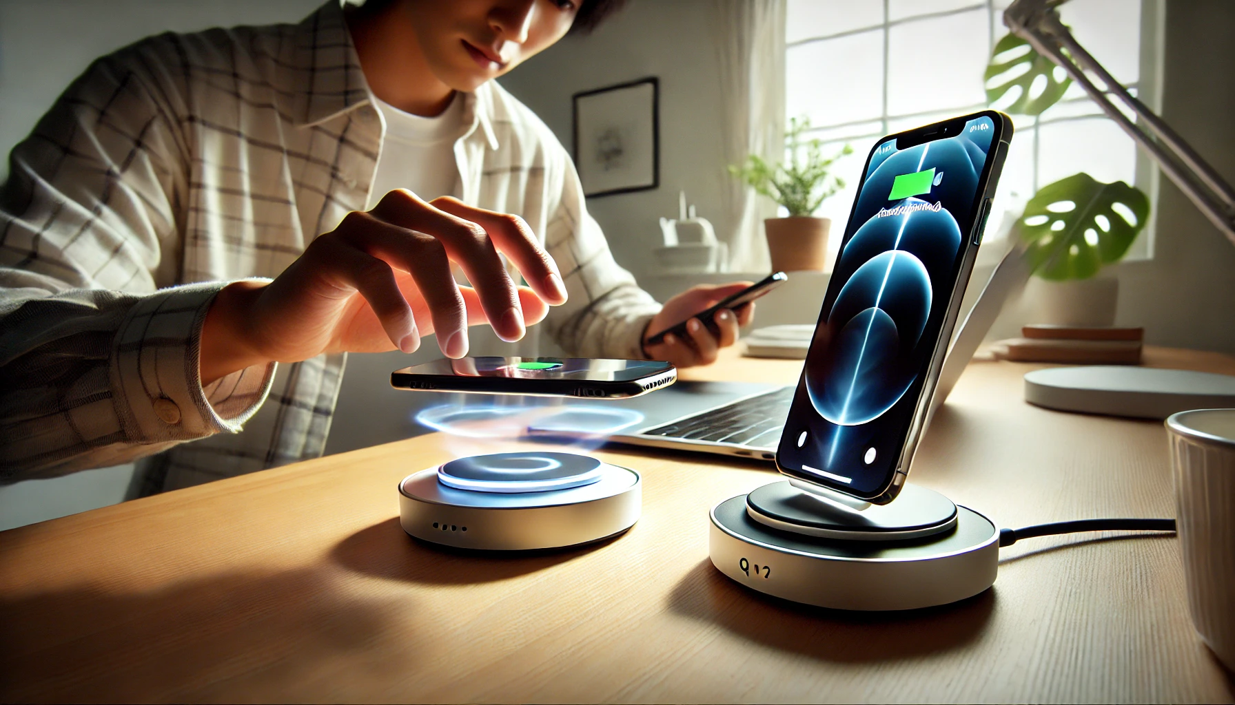 MagSafeとQi2の充電器にiPhoneを正しく設置する日本人男性の様子。効率的なワイヤレス充電と放熱環境を示すホームワークスペースの場面。