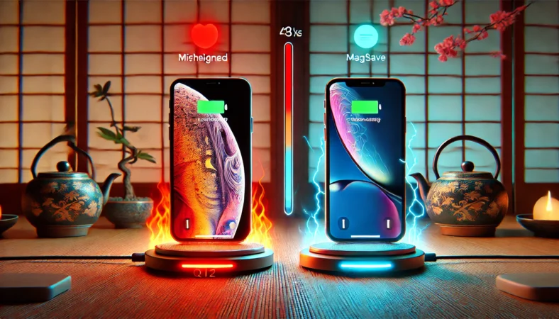 左側に発熱したiPhone、右側に効率よく冷却されたQi2スタンドのiPhoneを対比したビジュアル。ワイヤレス充電によるバッテリー劣化の要因としての熱を視覚的に表現。