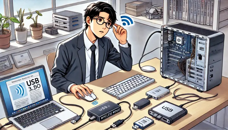 日本人男性が自宅のデスクでワイヤレスマウスの干渉問題を調べている様子。USBレシーバーがPC背面に差さっており、近くに外付けSSDやドッキングステーションなどのUSB機器が配置されている。男性はマウスの不調に困っている表情で、レシーバーの位置を確認している。ホームオフィスの環境がリアルに描かれている。
