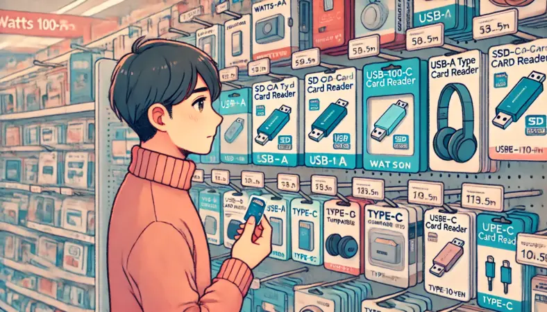 ワッツの100円ショップでUSB-AタイプとType-C対応のSDカードリーダーを比較している日本人。棚にはUSBハブやガジェット類が並び、パッケージをじっくり読みながら選んでいる様子を描いたイラスト。
