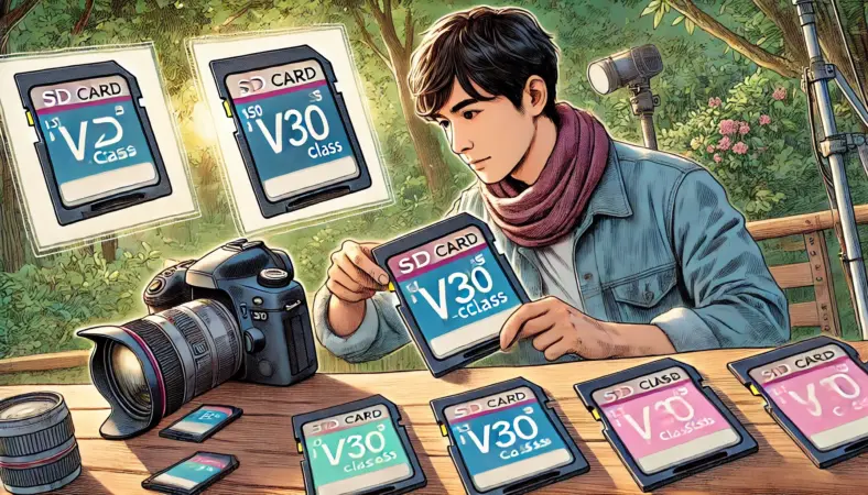 公園のベンチで一眼レフカメラにV30対応SDカードを挿入する日本人男性と、横に並んだ色分けされたSDカードを描いたイラスト。動画撮影や連写に適したカード選びを象徴。