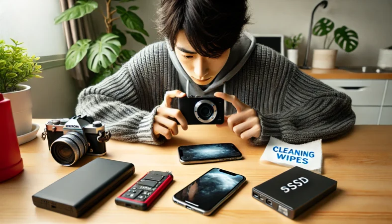 iPhoneカメラの不具合に対処中の日本人ユーザーと、ポータブルSSDや電源機器を使って問題を切り分けている作業風景